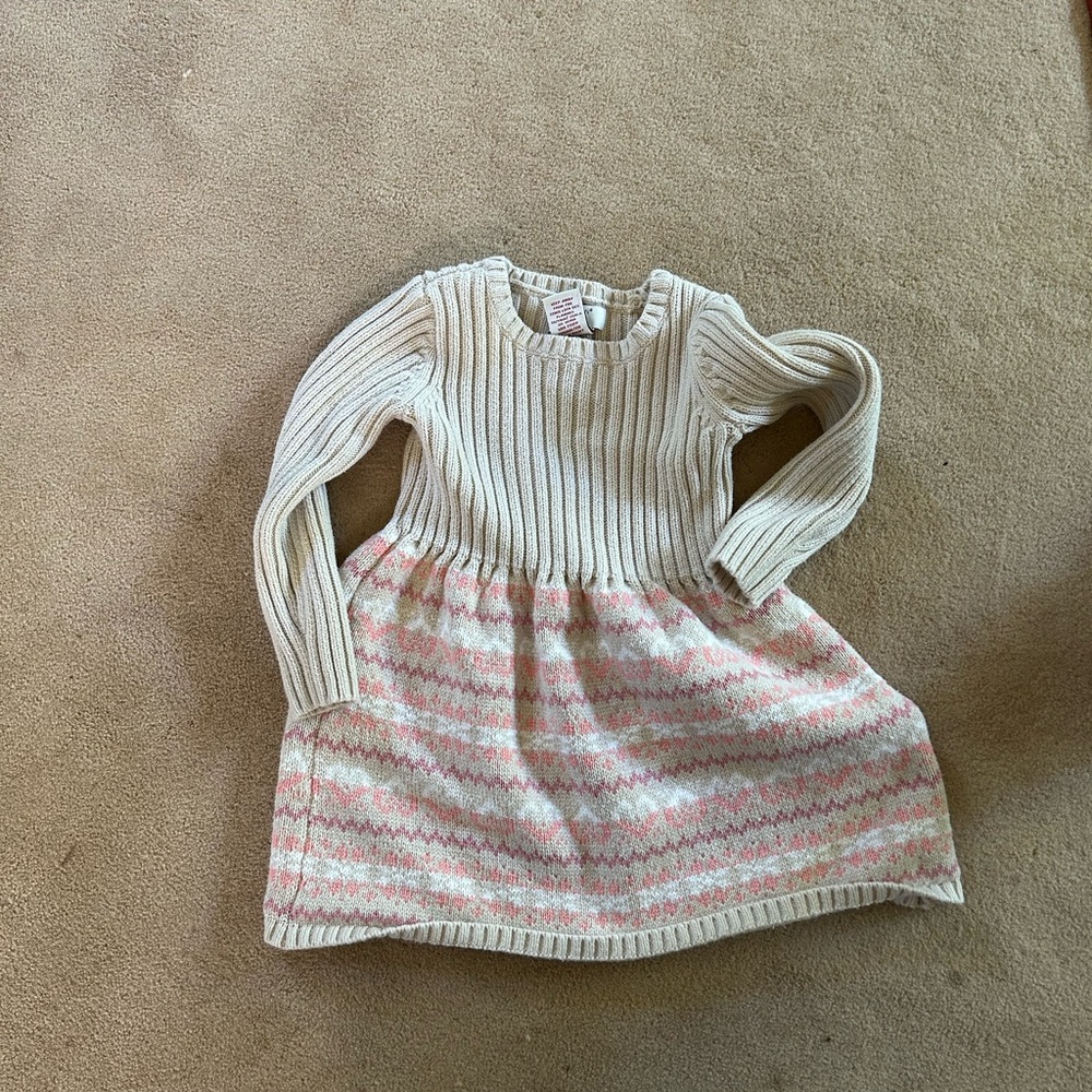 Aspen Kids Cream and Pink Ribbed A-Line Sweater Dress